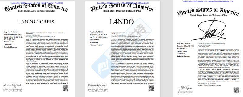 Lando Norris三项美国商标维权，赛车周边卖家需排查这些标识