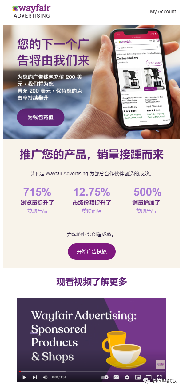 Wayfair广告充200送200了