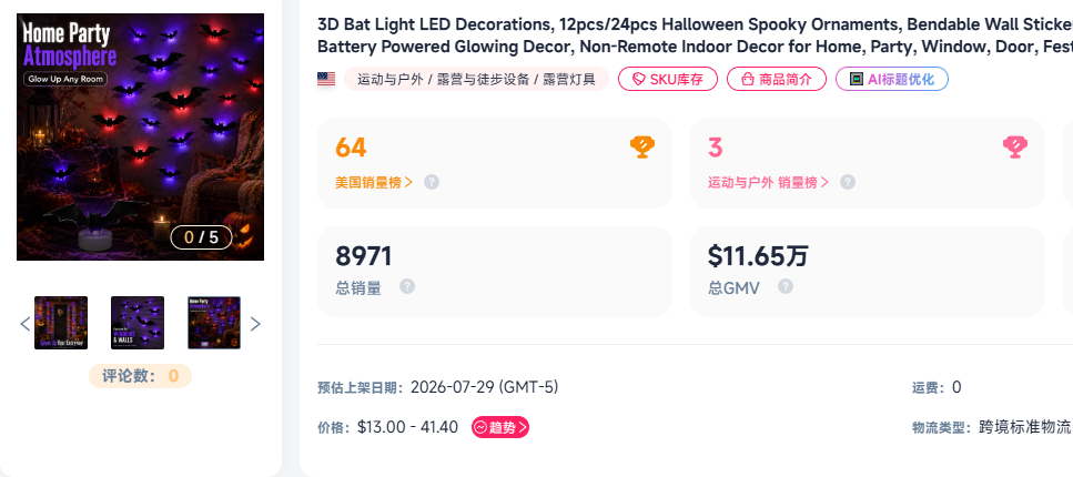 上架10天近万单！武汉卖家靠3D蝙蝠灯在TikTok美区狂销