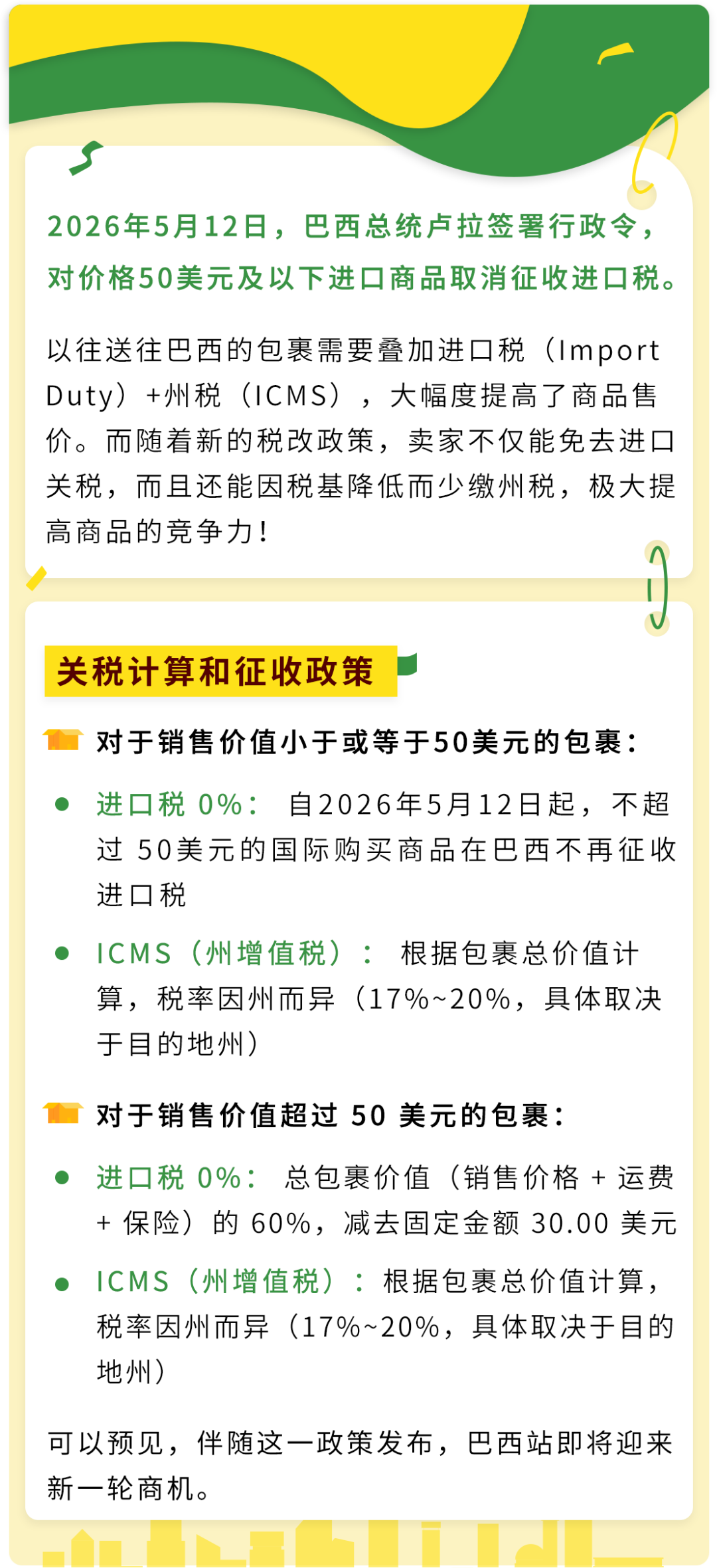 巴西重大利好!取消50美元以下进口商品税,300物流设施落地提升配送体验!