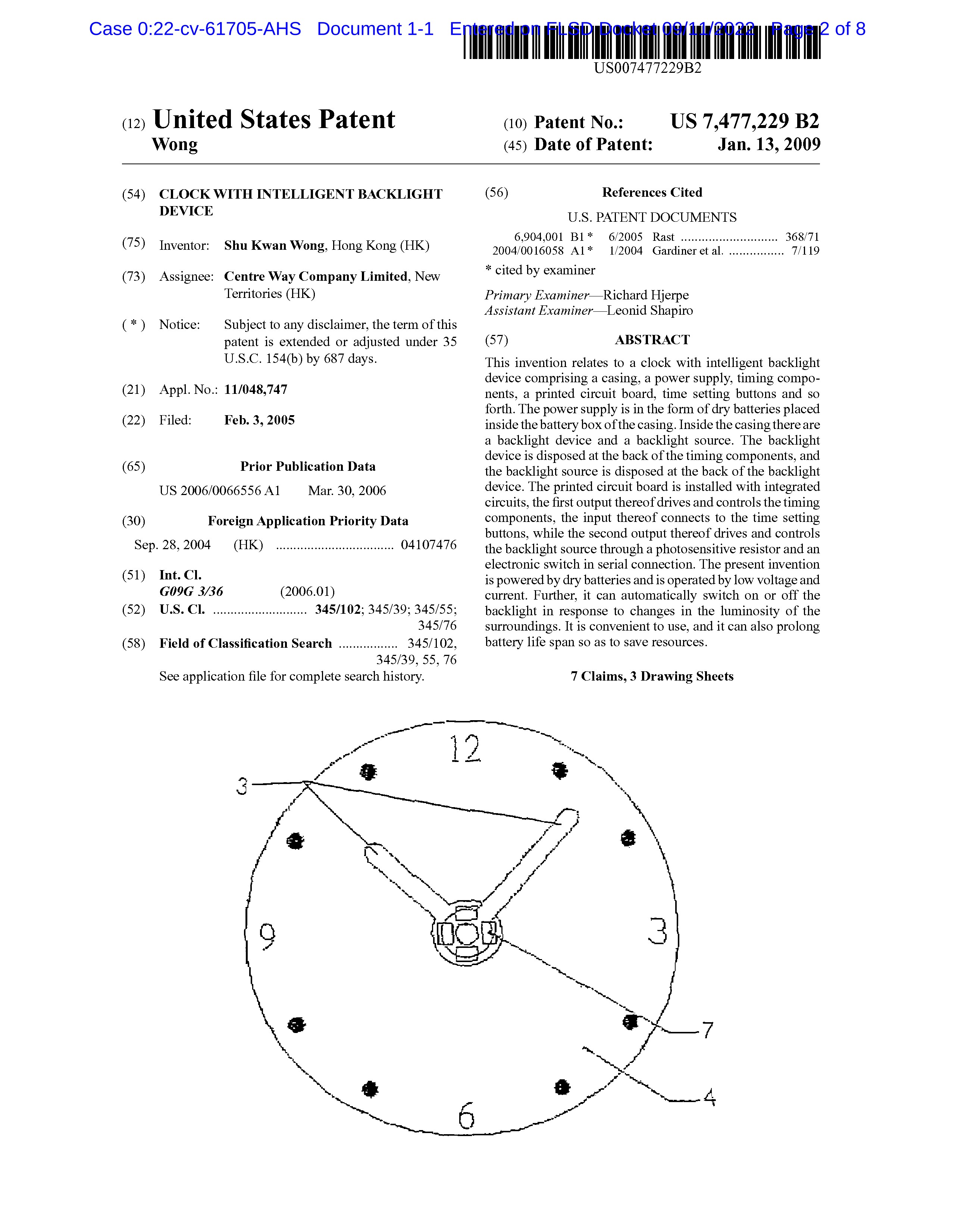 带有智能背光装置的时钟，美国专利侵权预警