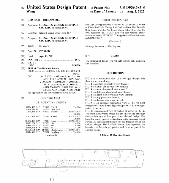 国人专利红光治疗带RED LIGHT THERAPY BELTS发案维权，案件号：22-cv-5301