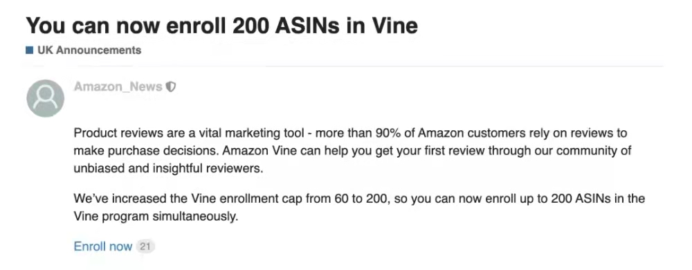 喜大普奔！亚马逊欧洲站日本站Vine注册上限从60增加到了200