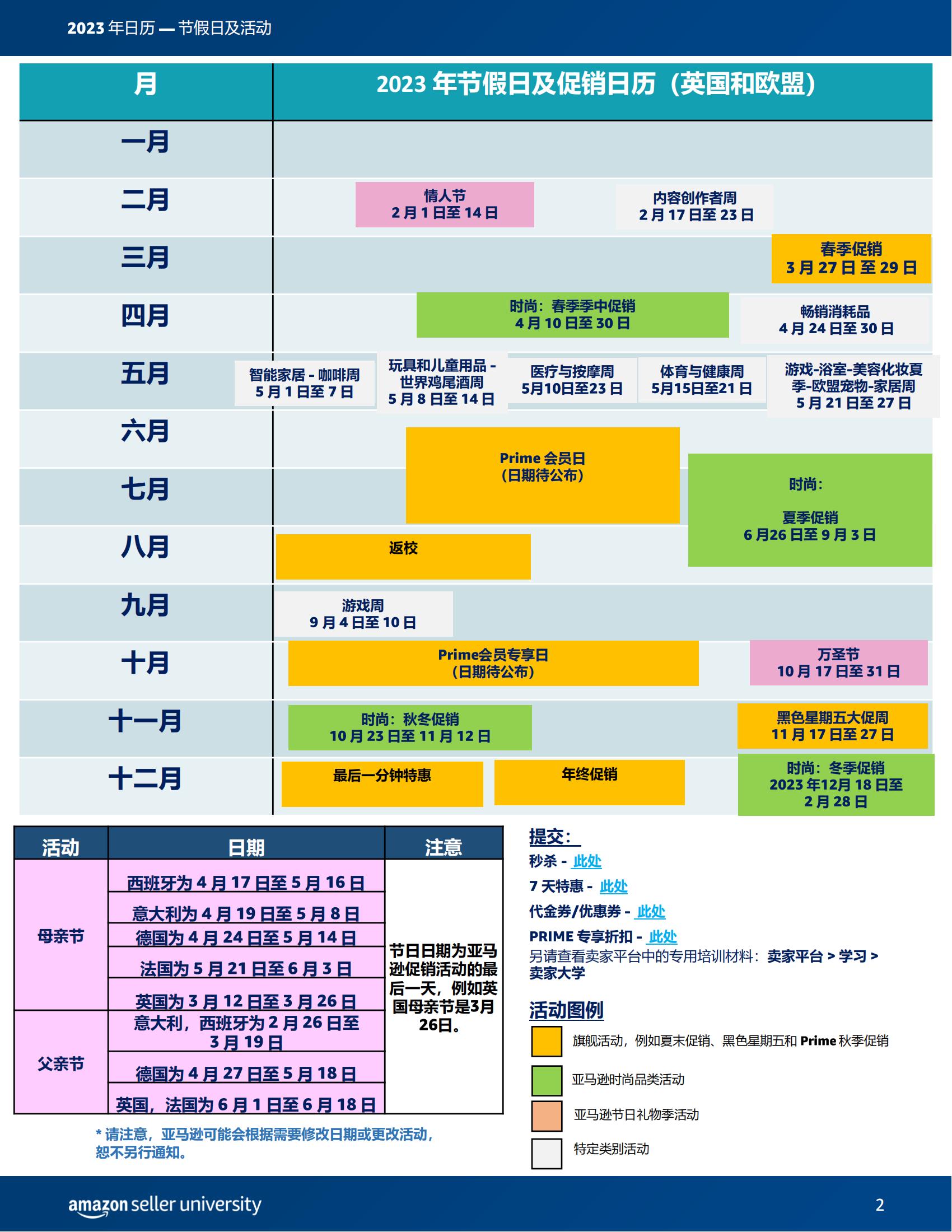 亚马逊2023活动日历上线--节假日及活动（UK&amp;EU）