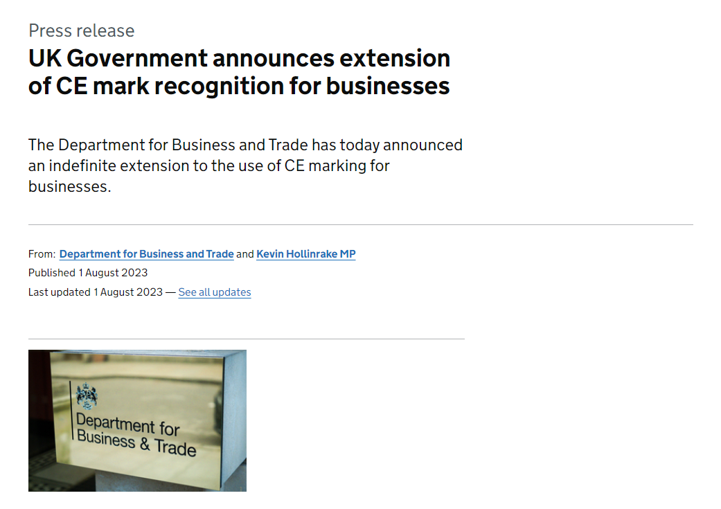 英国政府宣布对企业的CE标志认可进行无限期延长