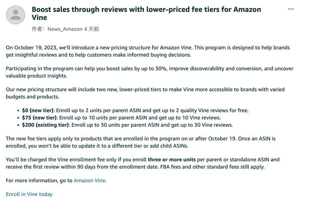 亚马逊Amazon Vine费用调整最新消息！