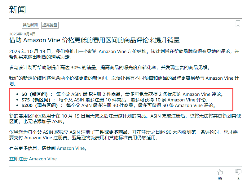 亚马逊Amazon Vine费用调整最新消息！