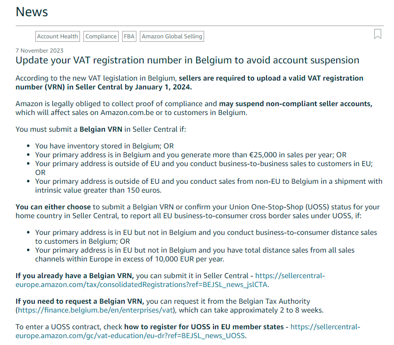亚马逊比利时站提醒及时上传有效的增值税登记号