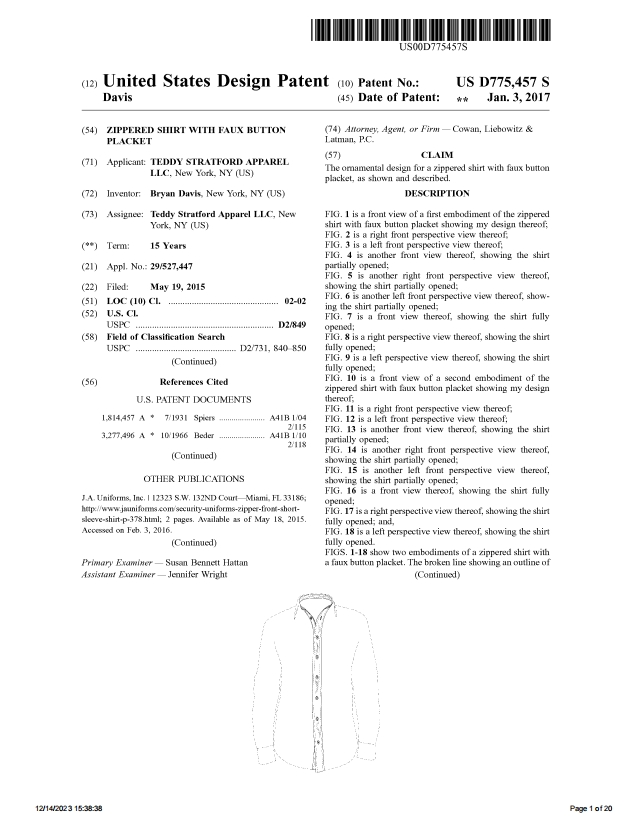 又一批店铺将冻结 ！拉链衬衫重拳出击，美国发明、外观专利齐维权 ！