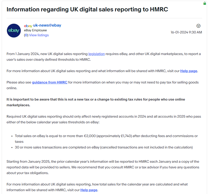 eBay英国站发布有关向 HMRC 报告英国数字销售的信息
