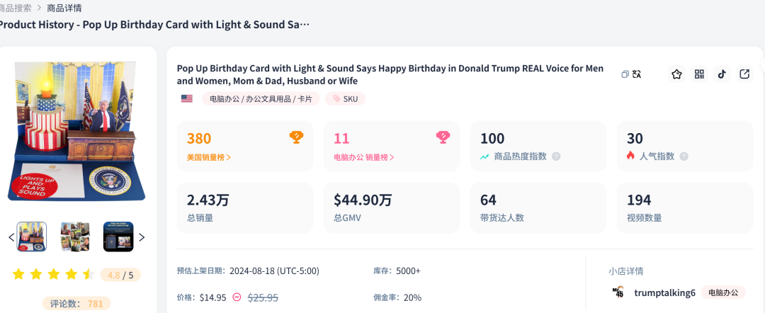 选情热度带动销售：TikTok卖家称特朗普周边卖爆