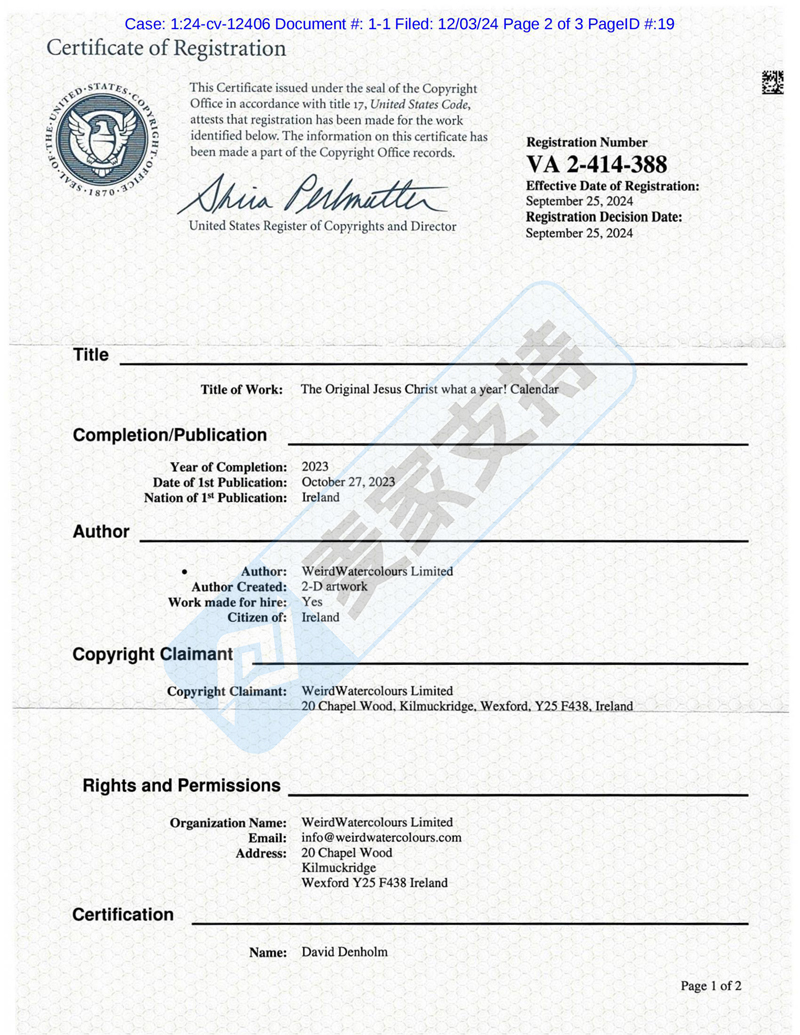 24-cv-12406，Keith新版权来袭，预计大批日历卖家将被TRO冻结