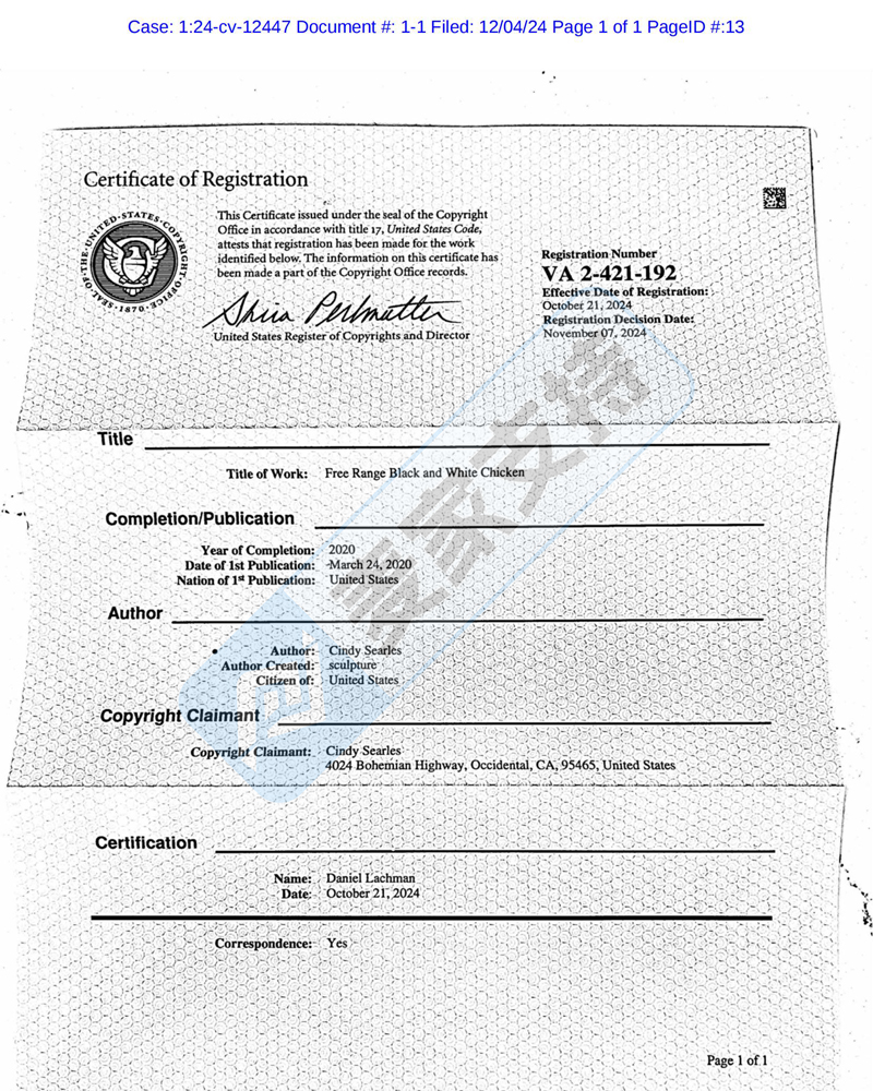 24-cv-12447，David律所代理Cindy Searles版权TRO维权，黑白鸡高危！