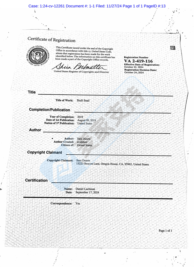 24-cv-12261，David疯魔发起TRO之Sara Duarte版权维权