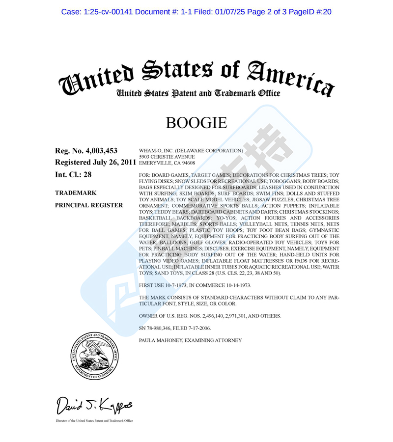 25-cv-00141，keith代理Boogie冲浪趴板商标再维权，卖家速排查