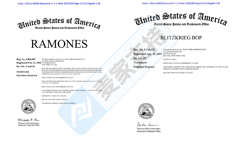 25-cv-01816，TRO新案速递：GBC律所代理雷蒙斯乐队再出击！