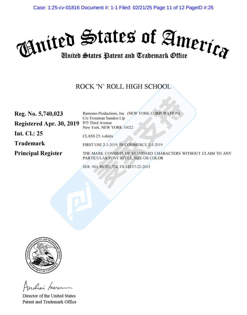 25-cv-01816，TRO新案速递：GBC律所代理雷蒙斯乐队再出击！