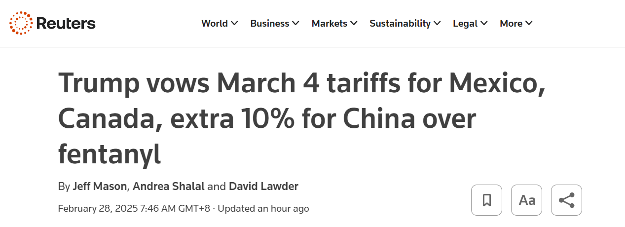 外媒：3月4日起，美国将对中国进口产品征收 10% 的额外关税