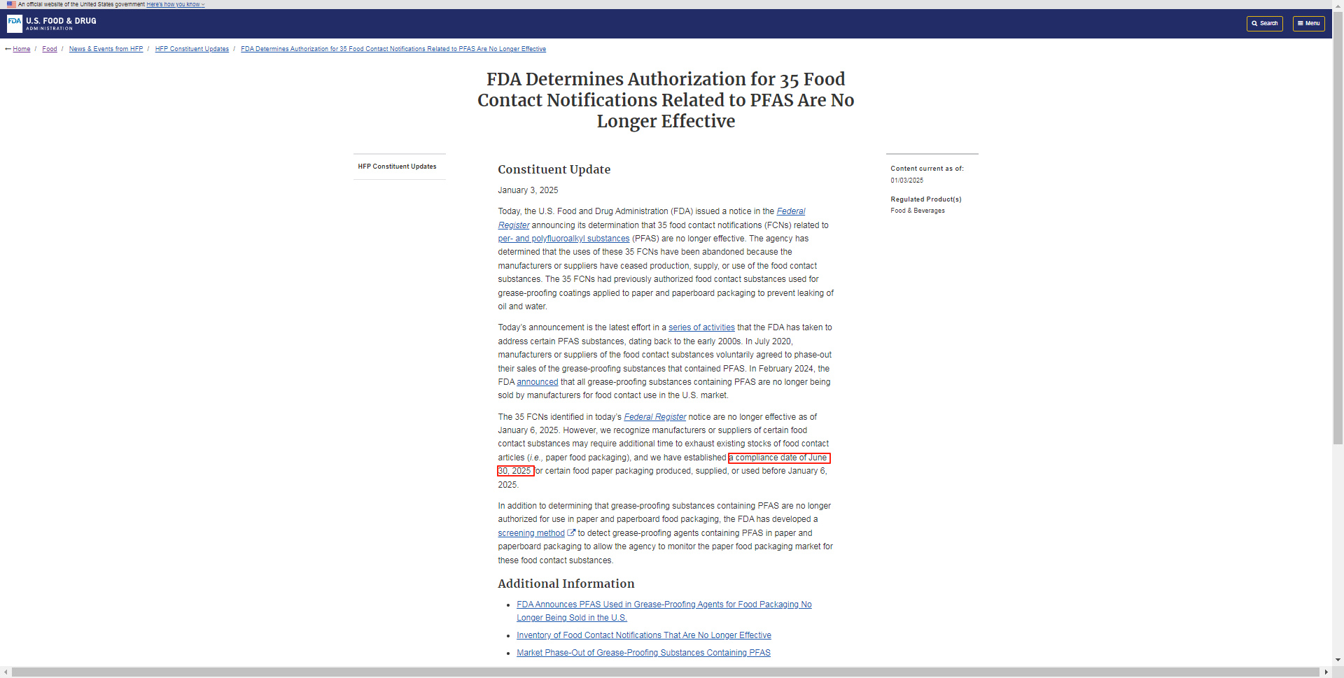 美国FDA PFAS禁令生效,食品包装行业迎来合规关键期