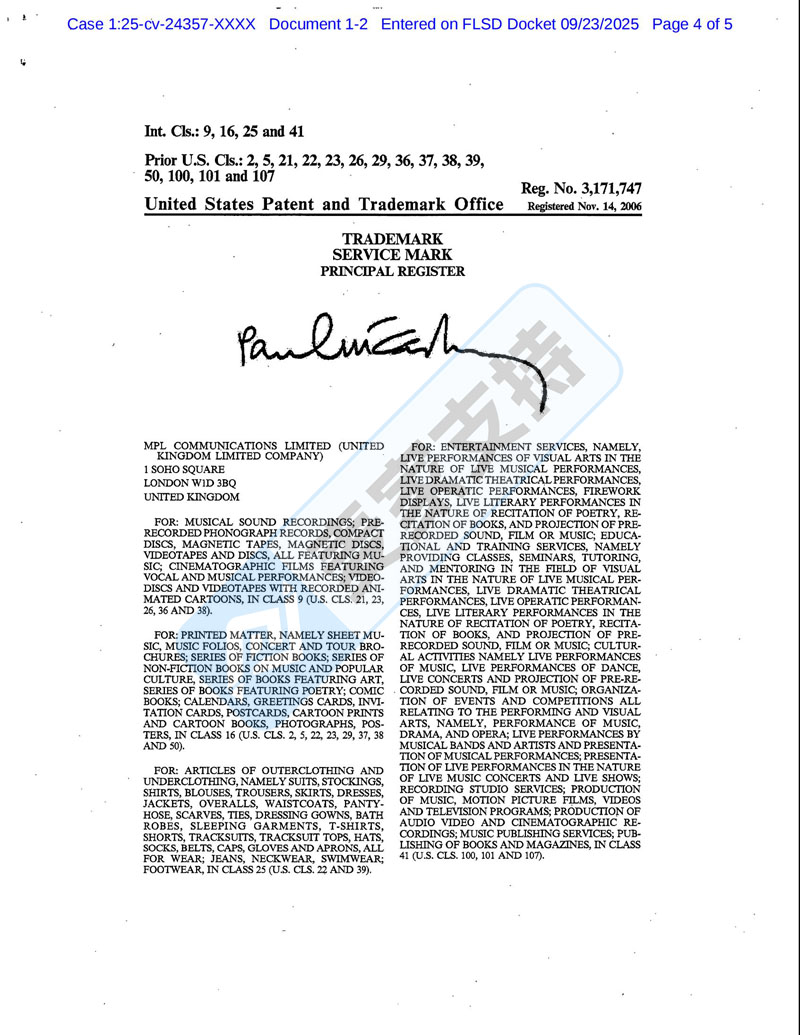 25-cv-24357，Paul McCartney商标维权进行时，服饰品类暗藏TRO风险