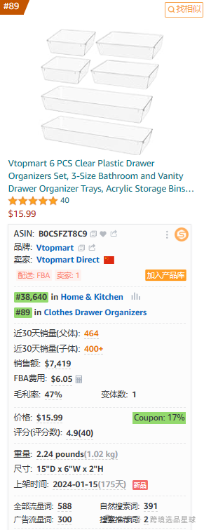 亚马逊选品-数据分析第17期 亚克力抽屉整理器