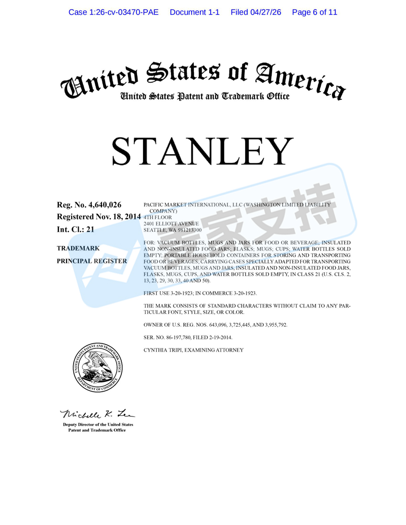 26-cv-03470，百年水杯品牌Stanley申请TRO维权！商标&amp;专利全面封杀，跨境卖家立即下架