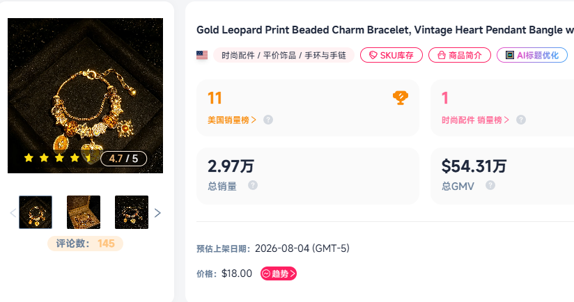 7天爆卖1.63万件！不靠达人视频，豹纹手链在TikTok热销