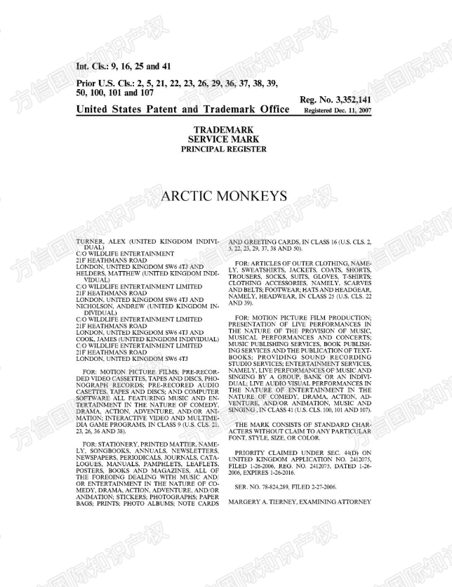 知名乐队Arctic Monkeys发起商标维权,第9/16/25/41类卖家速查!