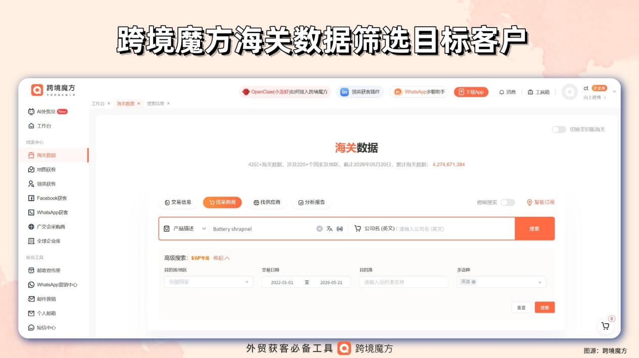 电池弹片出口：跨境魔方海关数据驱动精准获客，抢占全球电子配件红利
