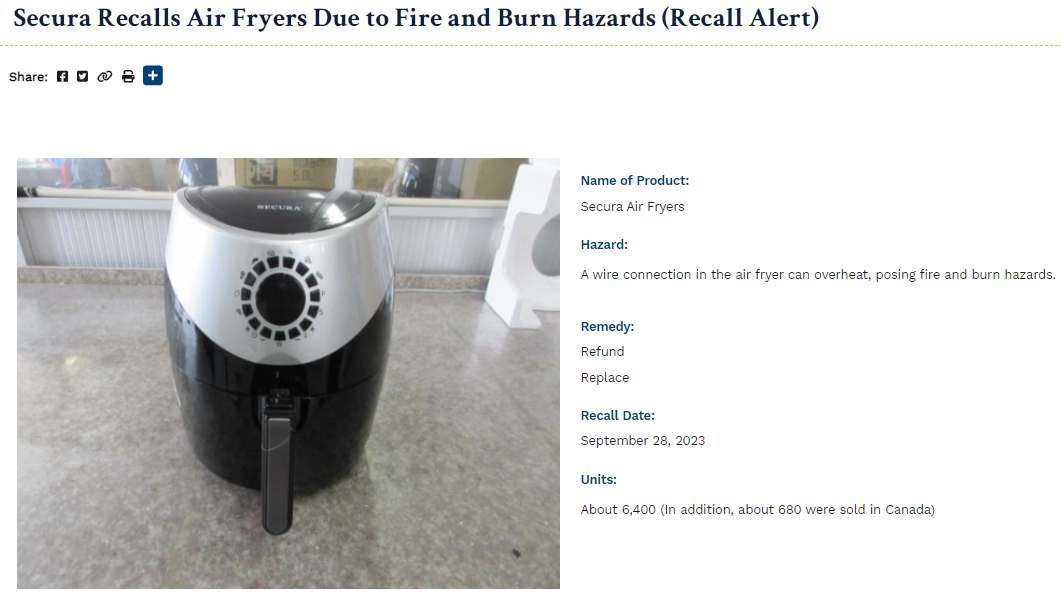 Secura Recalls Air Fryers Due to Fire and Burn Hazards (Recall