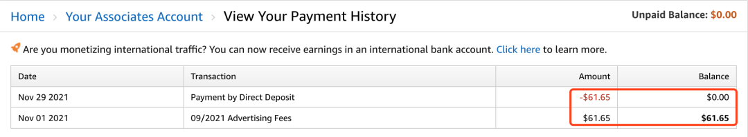 亚马逊联盟终于给我付款啦！