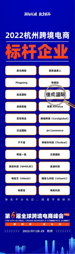 “潮起钱塘•数字丝路”第六届全球跨境电商峰会召开，佳成入选“2022杭州跨境电商标杆企业”！