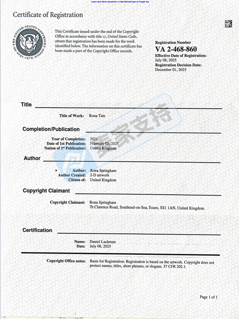 26-cv-02761，David律所代理Rona纹身隐匿维权，跨境卖家速排查下架高危链接！