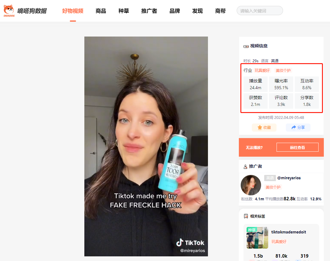 “假雀斑”在TK上获2亿播放，多个相关标签播放破亿，这些产品值得一看