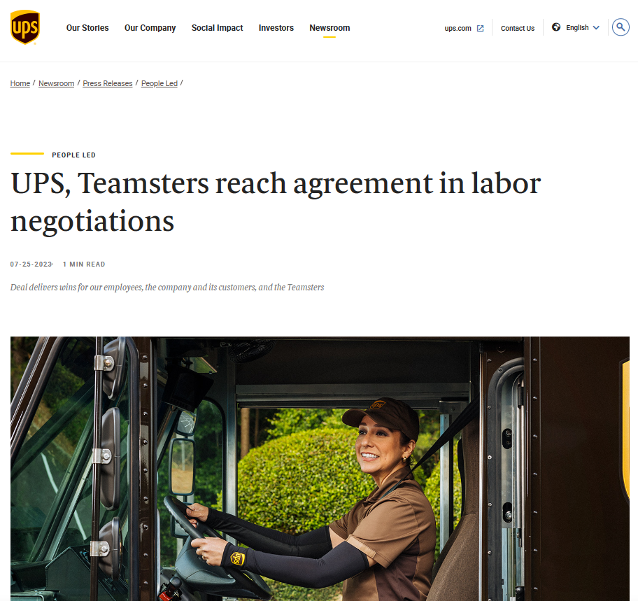 刚刚！UPS和Teamsters劳资谈判达成初步协议，罢工或取消......
