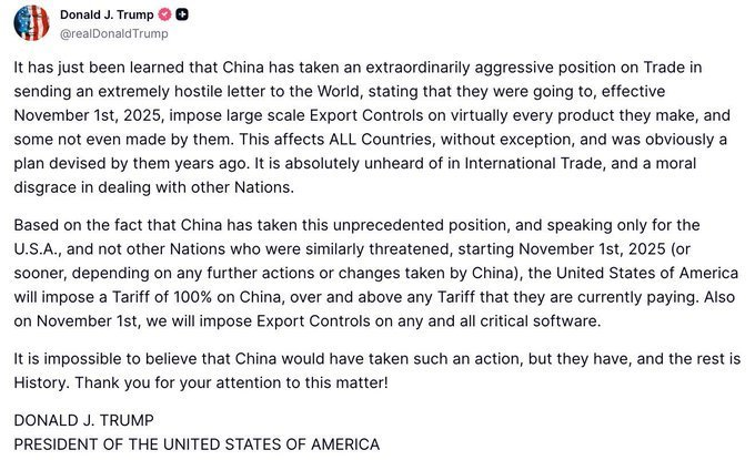 突发！特朗普宣称将对华加征100%关税，11月1日生效-雨果网