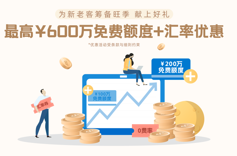 最高￥600万免费额度+汇率优惠双重好礼，新老客旺季大卖好礼！