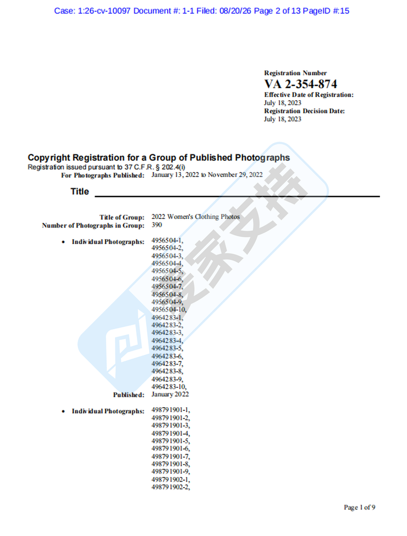 26-cv-10097｜390张版权图打包维权：ROSEGAL女装摄影版权，告了Temu多名卖家