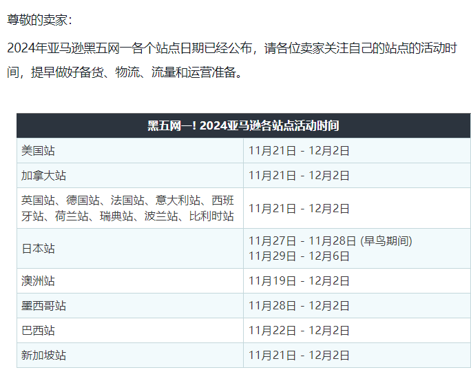 来了！亚马逊2024黑五网一各站点时间出炉