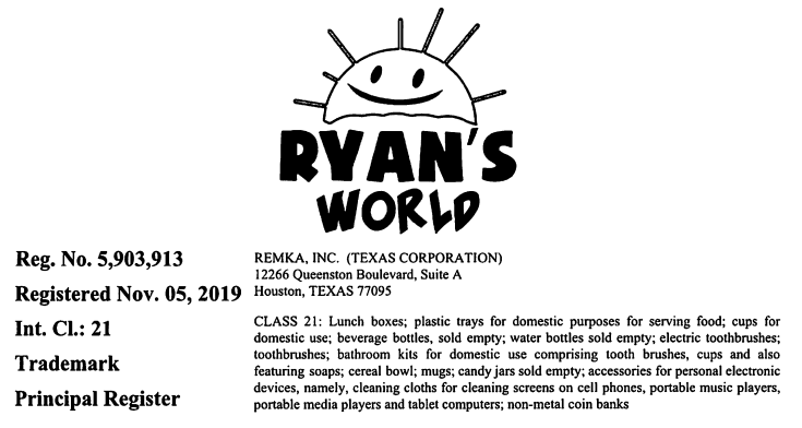 Ryan's World瑞安的世界被HSP代理，多个商标在维权