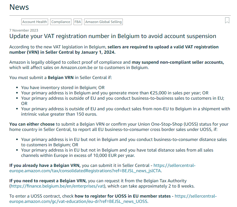 Amy聊跨境：比利时站点也强制要求上传VAT！否则将会被限制销售！