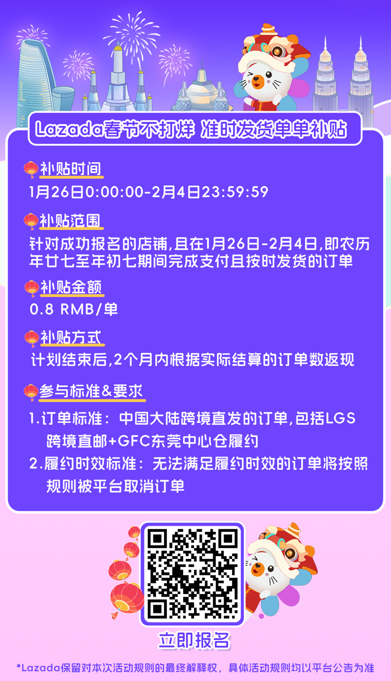 Lazada发布春节不打烊补贴计划！准时发货单单补贴