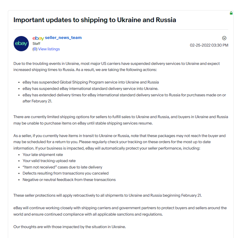 eBay宣布暂停俄乌发货服务，Shopee法国站点即将停运，欧洲俄罗斯互相禁飞导致空运价格大涨