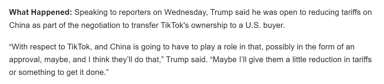 特朗普：可降低对华关税换TikTok出售，TikTok禁令或再延期！