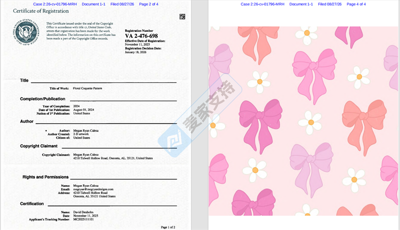 26-cv-01796｜Keith新案再来袭，73店卷入Floral Coquette花卉蝴蝶结版权案面临TRO冻结风险
