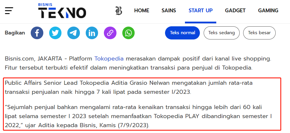 Tokopedia直播带货效果显著，卖家销量飙升60多倍