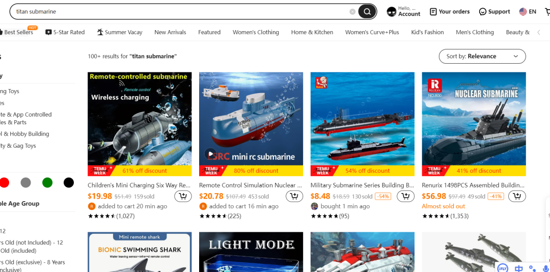 “泰坦潜艇”玩具走红TikTok，Temu打骨折在卖