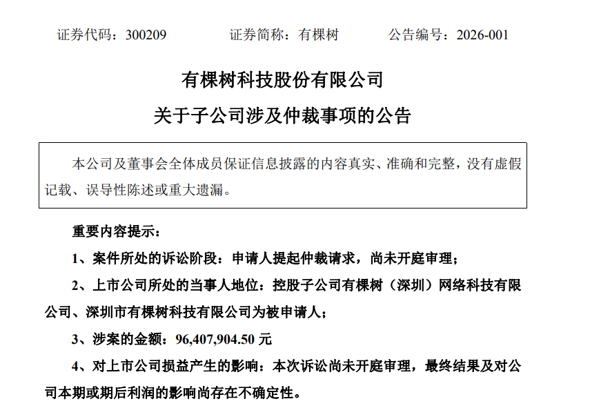 突发！有棵树子公司涉近亿元物流仲裁