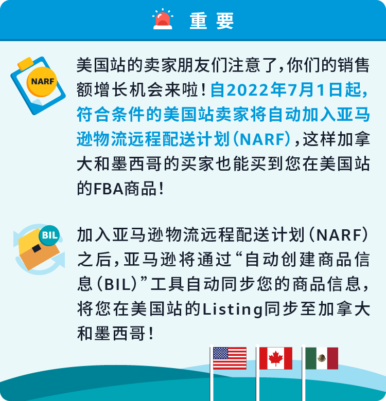 亚马逊美国站FBA库存可直送加、墨!7/1起符合条件卖家自动加入项目!