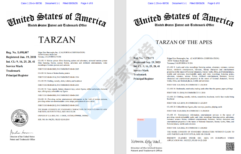 26-cv-06736㇑Tarzan商标维权爆发！百年IP下场TRO横扫多个类目